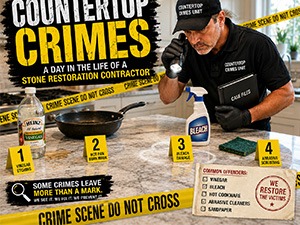 Infographic titled 'Countertop Crimes' showing a stone restoration contractor at a workbench with crime-scene tape, numbered tips 1–4, and a list of common offenses.